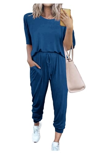 PRETTYGARDEN Women's Two Piece Outfit Short Sleeve Pullover with Drawstring Long Pants Tracksuit Jogger Set (Dark Blue,XX-Large)