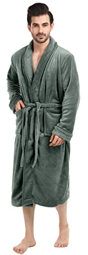 NY Threads Luxurious Mens Shawl Collar Fleece Bath Robe, Spa Robe, Steel Gray, Small-Medium