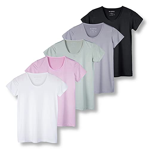 Real Essentials Womens Quick Dry Fit Dri Fit Active Wear Yoga Workout Athletic Tops Running Gym Exercise Ladies Short Sleeve Crew Scoop Neck Moisture Wicking Tees T-Shirt, Set 9, L, Pack of 5