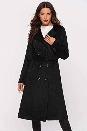 Escalier Womens Wool Coat Double Breasted Pea Coat Winter Long Trench Coat with Belt Black L