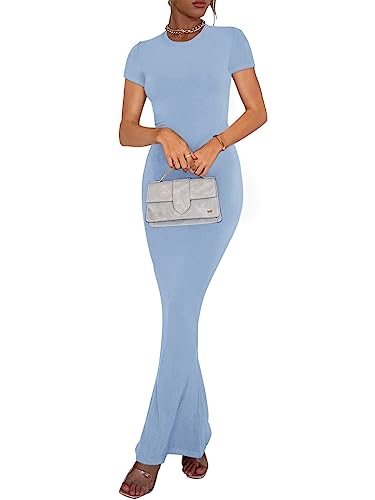 REORIA Women's Summer Sexy Casual Lounge Long Dress Elegant Wedding Guest Short Sleeve Crew Neck Bodycon Maxi Dresses Blue Small