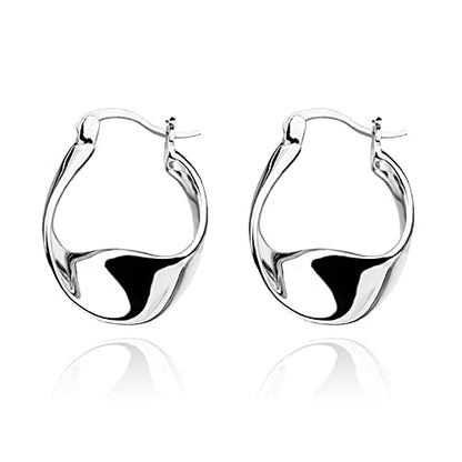 Sterling Silver Hoop Earrings for Women,14K White Gold, Hypoallergenic Chunky Huggie Small Fashion Dainty Earring