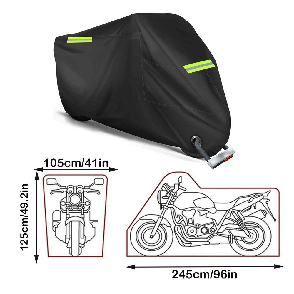 Motorcycle Cover All Season Universal Weather Quality Waterproof Sun Outdoor Protection Durable Night Reflective with Lock-Holes & Storage Bag Fits up to 96" Motorcycles Vehicle Cover