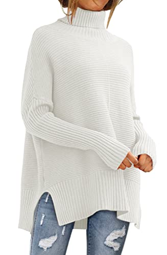 EFAN White Sweater for Women 2023 Winter Turtleneck Oversized Tunic Sweaters Trendy Casual Long Batwing Sleeve Pullover Knit Sweater Tops