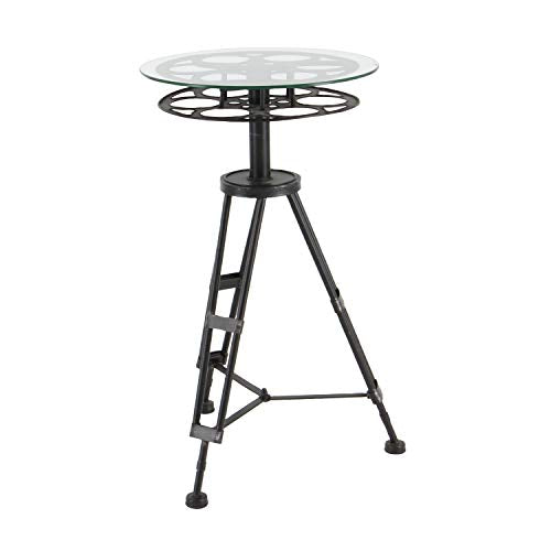 Deco 79 Metal Film Reel Accent Table with Tripod Legs and Glass Top, 15" x 15" x 25", Brown