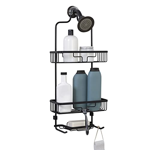 Zenna Home Hanging Shower Caddy, Over the Shower Head Bathroom Storage, Rustproof, No Drilling, Bath Organizer with 2 Shelves, Soap Tray, Razor Holders and Hooks, Black