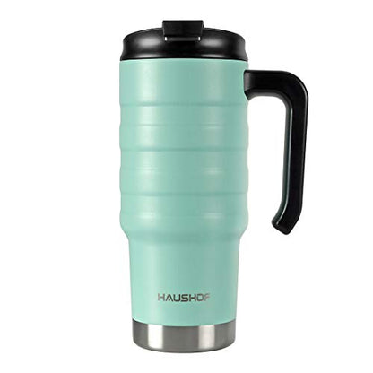 HAUSHOF 24 oz Travel Mug, Stainless Double Wall Vacuum Insulated Tumbler with Handle & Spill Proof Twist On Flip Lid and Wide Mouth, BPA Free