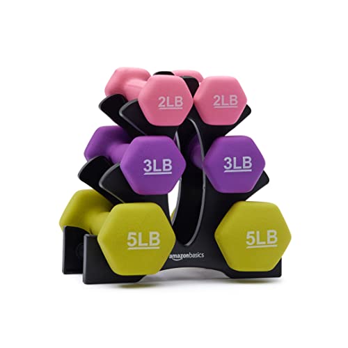 Amazon Basics Neoprene Coated Hexagon Workout Dumbbell Color Coded Hand Weight with Storage Rack, 20 Pounds (3 Pairs set of 2, 3, and 5 Pounds), Multicolor