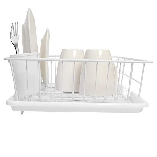 Sweet Home Collection Metal, Plasic 3 Piece Dish Drainer Rack Set with Drying Board and Utensil Holder, 12" x 19" x 5", White