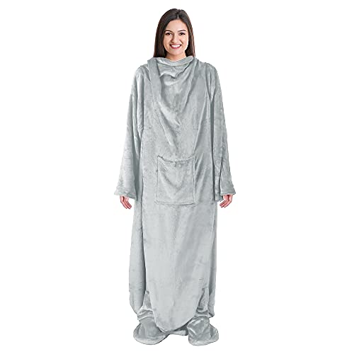 Catalonia Wearable Fleece Blanket with Sleeves and Foot Pockets for Adult Women Men, Micro Plush Comfy Wrap Sleeved Throw Blanket Robe Large, Grey