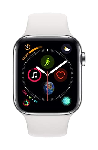 Apple Watch Series 4 (GPS + Cellular, 44MM) - Stainless Steel Case with White Sport Band (Renewed)