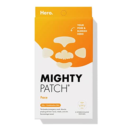 Mighty Patch™ Face patch from Hero Cosmetics - XL Hydrocolloid Face Mask for Acne, 5 Large Pimple Patches for Zit Breakouts on Nose, Chin, Forehead & Cheeks - Vegan-Friendly (1 Count)