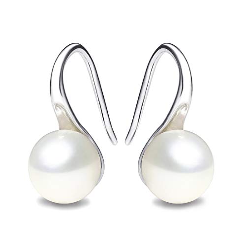 925 Sterling Silver Hoop Handpicked AAA+ Quality 7.5-8mm White Freshwater Cultured Pearl Dangle Drop Earrings Jewelry for Women Girls