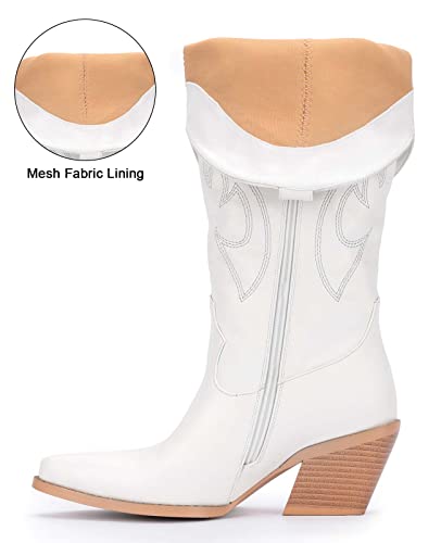 Pasuot White Cowboy Boots for Women - Wide Calf Cowgirl Knee High Western Boots with Side Zip and Embroidered, Pointed Toe Chunky Heel Retro Classic Tall Boot Pull On for Ladies Fall Winter Size 8