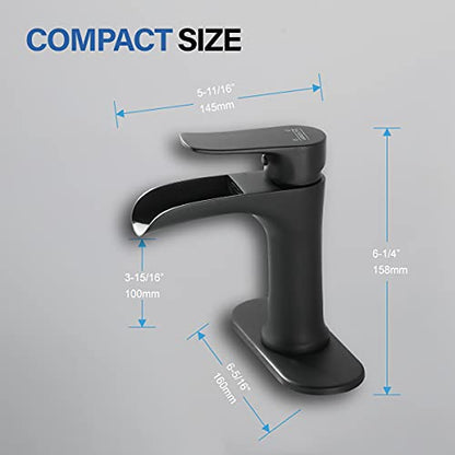 Waterfall Bathroom Faucet Black YUNDOOM Matte Black with Pop Up Drain Single Handle One Hole or Three Holes Vanity Farmhouse RV Vessel Basin Faucet Deck Mount