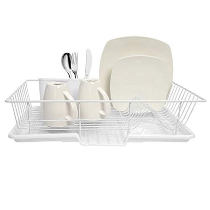 Sweet Home Collection Metal, Plasic 3 Piece Dish Drainer Rack Set with Drying Board and Utensil Holder, 12" x 19" x 5", White