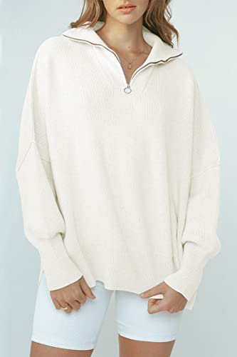 LILLUSORY White Winter Sweaters Winter Clothes 2023 Plus Size Sweaters Zipper Collared Sweatshirts Drop Shoulder Tunic Pullover Split Hem Knit Sweater Tops