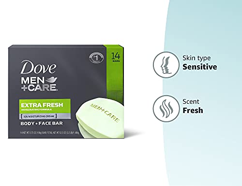 Dove Men+Care Bar 3 in 1 Cleanser for Body, Face, and Shaving to Clean and Hydrate Skin Extra Fresh Body and Facial Cleanser More Moisturizing Than Bar Soap 3.75 oz 14 Bars