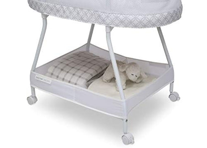 Delta Children Sweet Dreams Bassinet with Airflow Mesh Bedside Portable Crib with Vibration Lights and Music, Grey Infinity