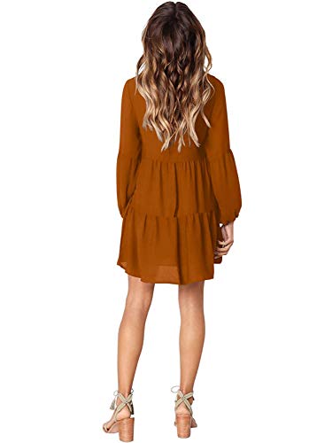 Amoretu Women Long Sleeve Tunic Dress V Neck Swing Shift Dresses(Brown,Large)