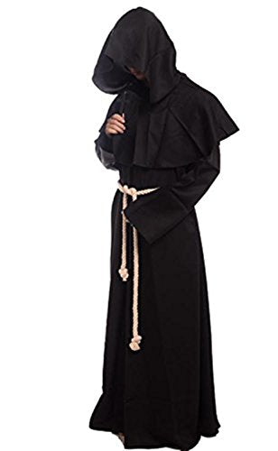 Friar Medieval Hooded Monk Renaissance Priest Robe Costume Cosplay Black