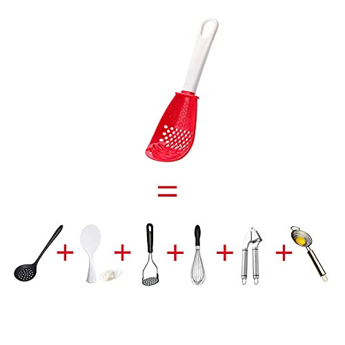 Ouboda 6 in 1 Multifunctional cooking gadgets, 356°F Heat Resistant kitchen gadgets, Egg Separator, Cooking, Draining, Mashing, Grating, Cooking spoon red