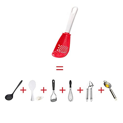 Ouboda 6 in 1 Multifunctional cooking gadgets, 356°F Heat Resistant kitchen gadgets, Egg Separator, Cooking, Draining, Mashing, Grating, Cooking spoon red