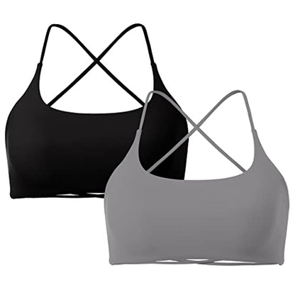 SUUKSESS Women 2 Piece Open Back Sports Bra Pack Strappy Workout Gym Yoga Crops (Grey & Black, M)