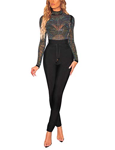 SEBOWEL Women Rhinestone Studded Bodysuit Mesh See Through Jumpsuits Rompers Top, Black, M