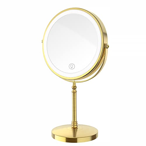 Lighted Makeup Mirror, 8" Rechargeable Double Sided Magnifying Mirror with 3 Colors, 1x/10x 360° Rotation Touch Screen Vanity Mirror, Brightness Adjustable Magnification Cosmetic Light up Mirror