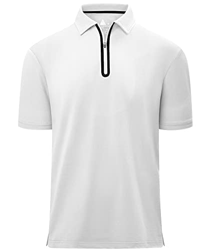 SECOOD Men's Zipper Short Sleeve Golf Polo Shirt Casual Moisture Wicking White Pullover Shirts, L