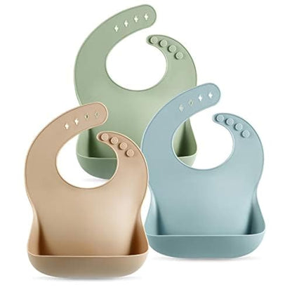 Set of 3 Silicone Baby Bibs by PandaEar - Waterproof, Soft, Unisex, 10-72 Months (Brown/Blue/Green)