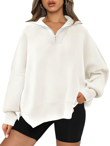 LILLUSORY White Winter Sweaters Winter Clothes 2023 Plus Size Sweaters Zipper Collared Sweatshirts Drop Shoulder Tunic Pullover Split Hem Knit Sweater Tops