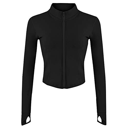 Gihuo Women's Athletic Full Zip Lightweight Workout Jacket with Thumb Holes (Black01, Medium)