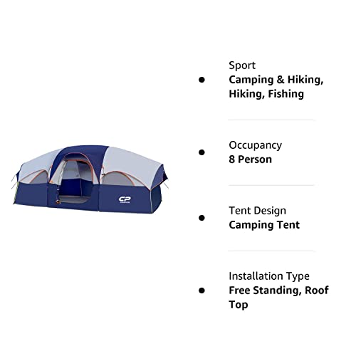 CAMPROS CP Tent-8-Person-Camping-Tents, Waterproof Windproof Family Tent, 5 Large Mesh Windows, Double Layer, Divided Curtain for Separated Room, Portable with Carry Bag - Blue