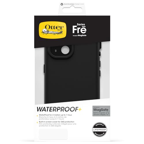 OtterBox Fre Case for iPhone 15 for MagSafe, Waterproof (IP68), Shockproof, Dirtproof, Sleek and Slim Protective Case with Built in Screen Protector, x5 Tested to Military Standard, Black
