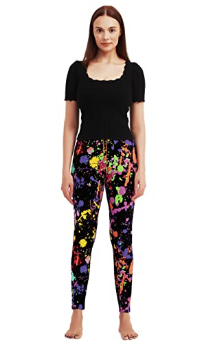 sissycos Women's 80s Leggings Artistic Splash Printed Buttery Soft Stretchy Pants (Medium, Color Splash Black)