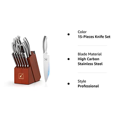 Knife Sets for Kitchen with Block, imarku Knife Set 15-Pieces High Carbon German Steel Kitchen Knife Set, Ultra Sharp Knife Block Set with Built-in Sharpener, Silver