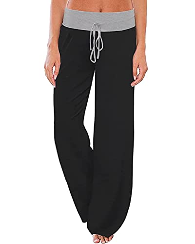 NEWCOSPLAY Women's Comfy Pajama Pants Casual Drawstring Palazzo Lounge Wide Leg Pants (Pure-Black, 3X-Large)