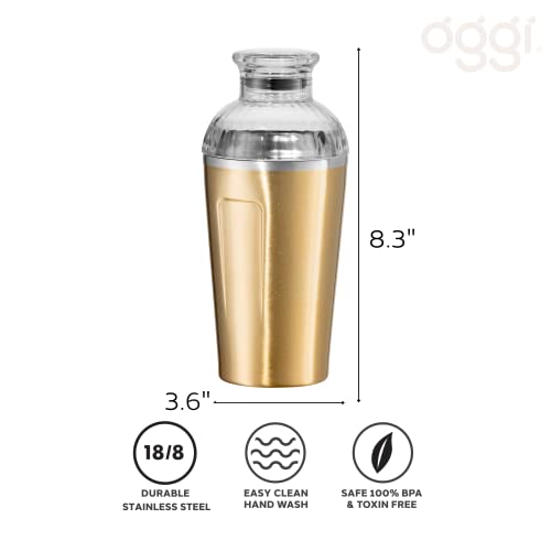 Oggi Groove Insulated Cocktail Shaker-17oz Double Wall Vacuum Insulated Stainless Steel Shaker, Tritan Lid has Built In Strainer, Ideal Cocktail, Martini Shaker, Margarita Shaker, Gold (7404.4)