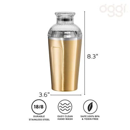 Oggi Groove Insulated Cocktail Shaker-17oz Double Wall Vacuum Insulated Stainless Steel Shaker, Tritan Lid has Built In Strainer, Ideal Cocktail, Martini Shaker, Margarita Shaker, Gold (7404.4)