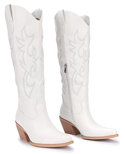 Pasuot White Cowboy Boots for Women - Wide Calf Cowgirl Knee High Western Boots with Side Zip and Embroidered, Pointed Toe Chunky Heel Retro Classic Tall Boot Pull On for Ladies Fall Winter Size 8