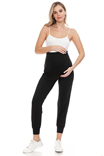 Leggings Depot Women's Maternity Pants Over The Belly Pregnancy Joggers Casual Lounge Pants (Black, X-Large)