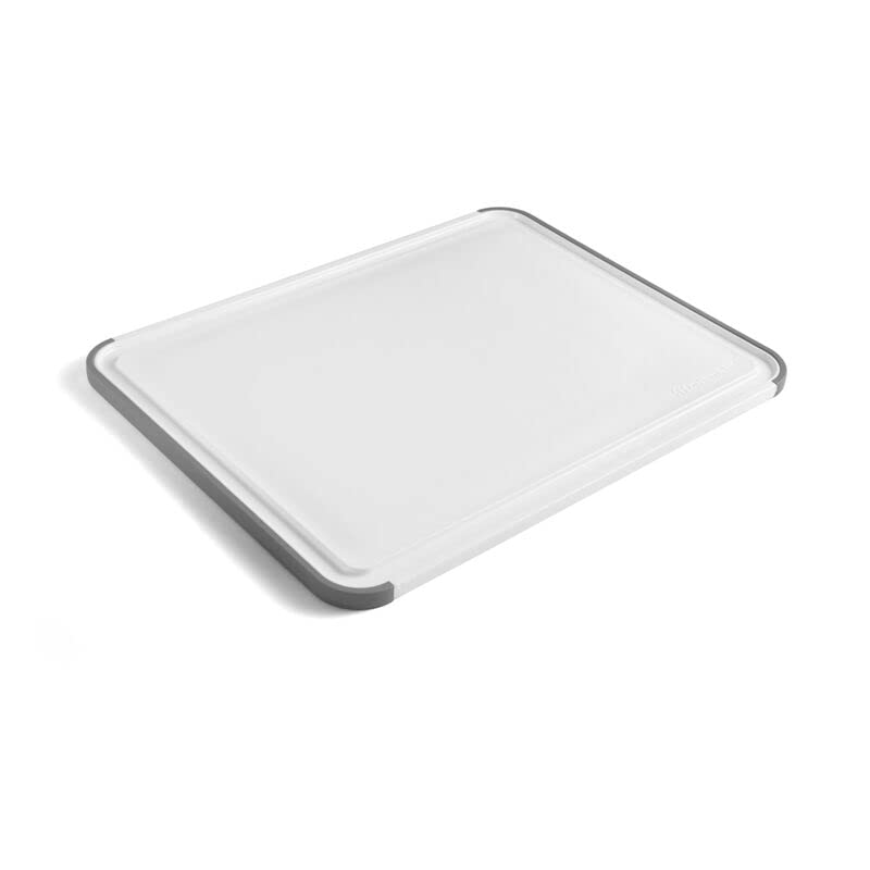 KitchenAid Classic Plastic Cutting Board with Perimeter Trench and Non Slip Edges, Dishwasher Safe, 11 inch x 14 inch, White and Gray