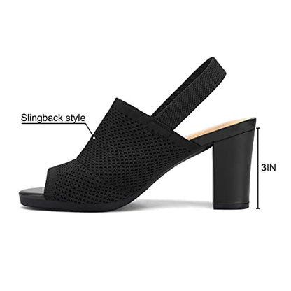 mysoft Women's Knit Chunky Block High Heels Elastic Slingback Open Toe 3 Inch Heeled Sandals