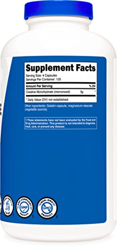 Nutricost Micronized Creatine Monohydrate 3,000mg 500 Capsules, 125 Servings, 750mg of Creatine Monohydrate Per Capsule