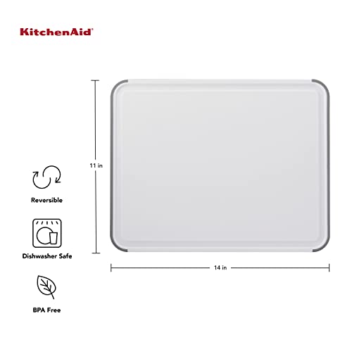 KitchenAid Classic Plastic Cutting Board with Perimeter Trench and Non Slip Edges, Dishwasher Safe, 11 inch x 14 inch, White and Gray