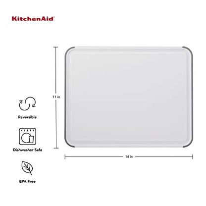 KitchenAid Classic Plastic Cutting Board with Perimeter Trench and Non Slip Edges, Dishwasher Safe, 11 inch x 14 inch, White and Gray