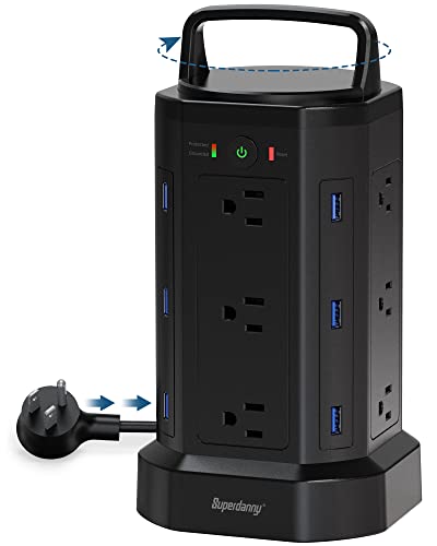 Power Strip Tower, SUPERDANNY Handle Cord Retracting, 2100J Surge Protector, 12 Widely Spaced AC Outlets 6 USBs Charger Station, 6.5ft Extension Cord, for Home, Office, Dorm, Garage, Workbench, Black