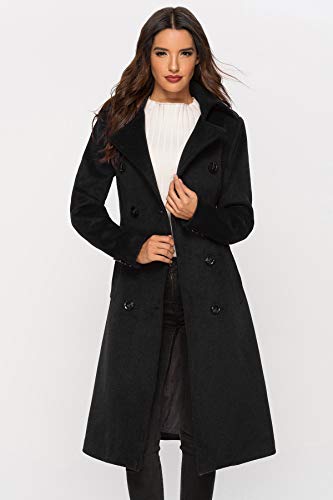 Escalier Womens Wool Coat Double Breasted Pea Coat Winter Long Trench Coat with Belt Black L